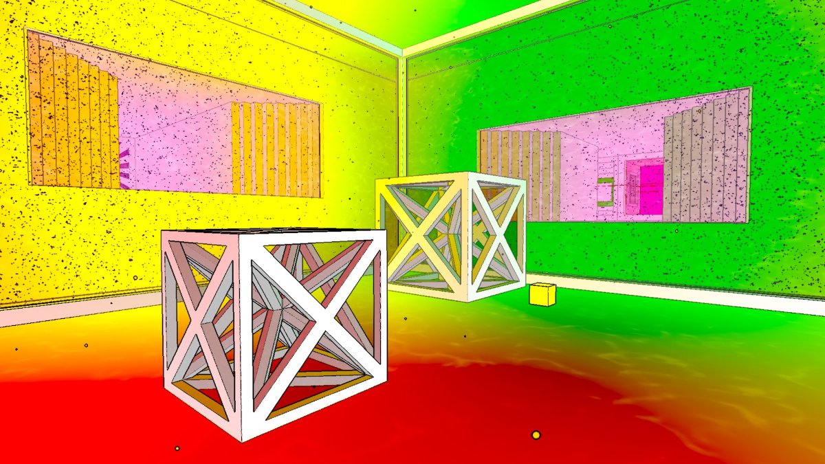 A room containing two cubes in Antichamber lit in three colors: yellow, green, and red.