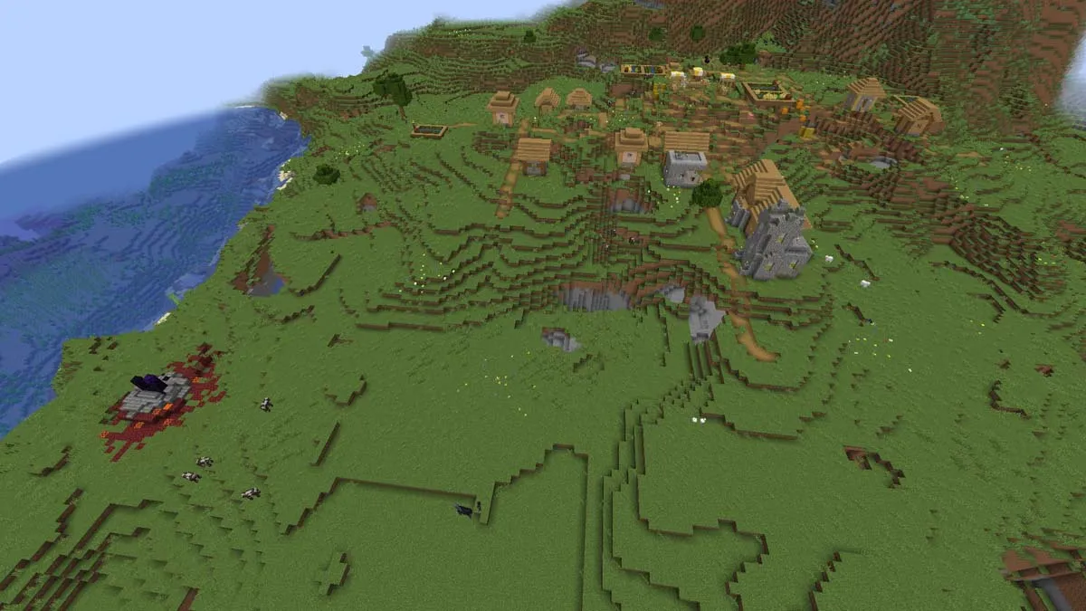 Village with exposed ruined portal in Minecraft