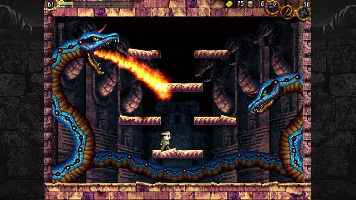 Fighting two fire-breathing snakes in La-Mulana.