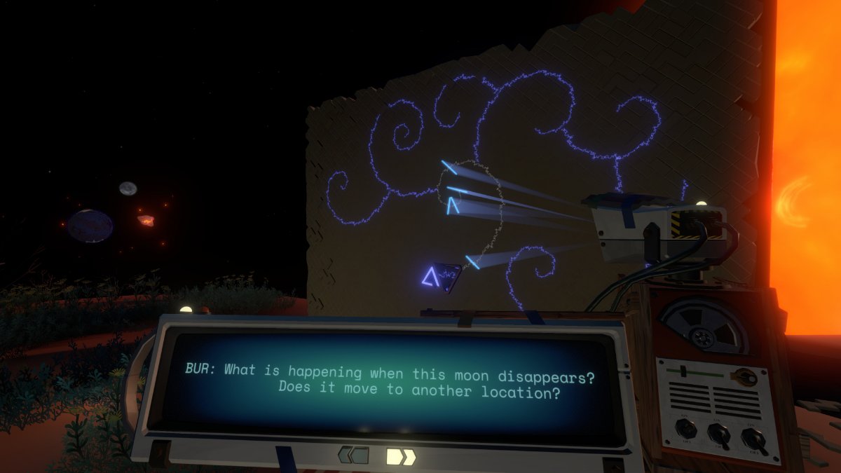 Translating a drawing into English in Outer Wilds. The message says: What is happening when this moon disappears? Does it move to another location?