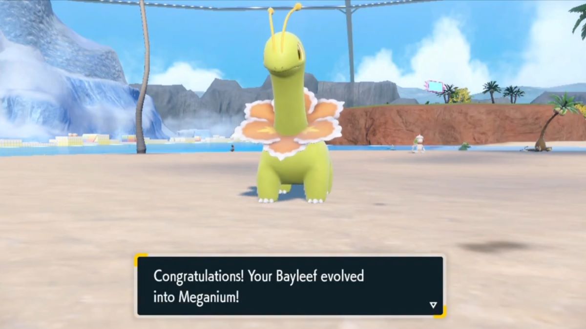 Shiny Meganium in the Coastal Biome of Pokemon Scarlet & Violet: Indigo Disk DLC