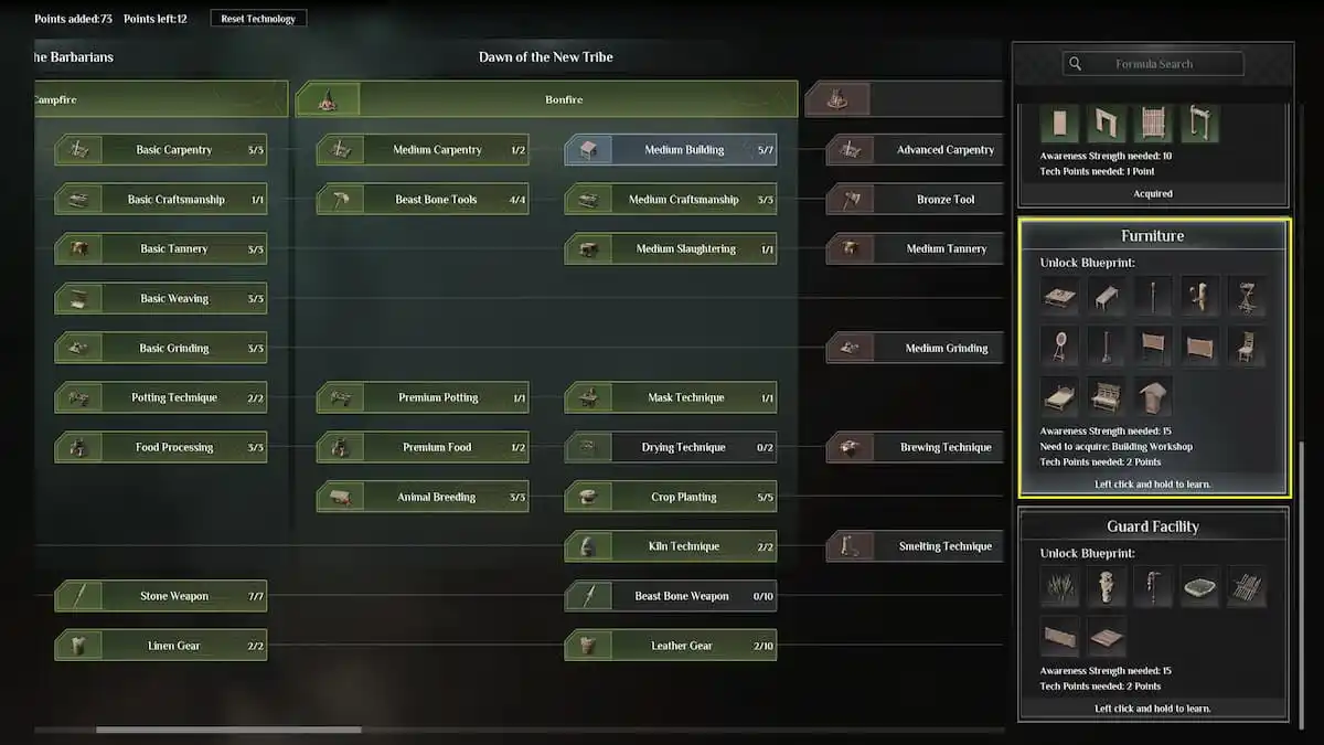 Soulmask Knowledge and Technology menu with Furniture tech