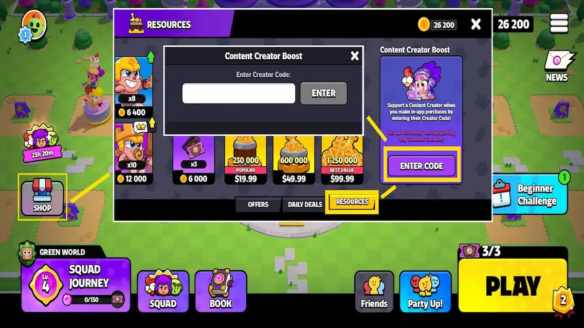 Squad Busters Shop Menu, Content Creator codes input