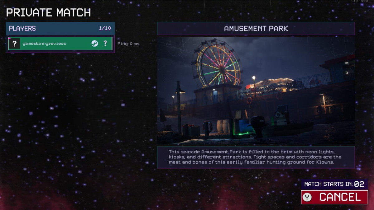 Starting a private match on the Amusement Park map in Killer Klowns From Outer Space.